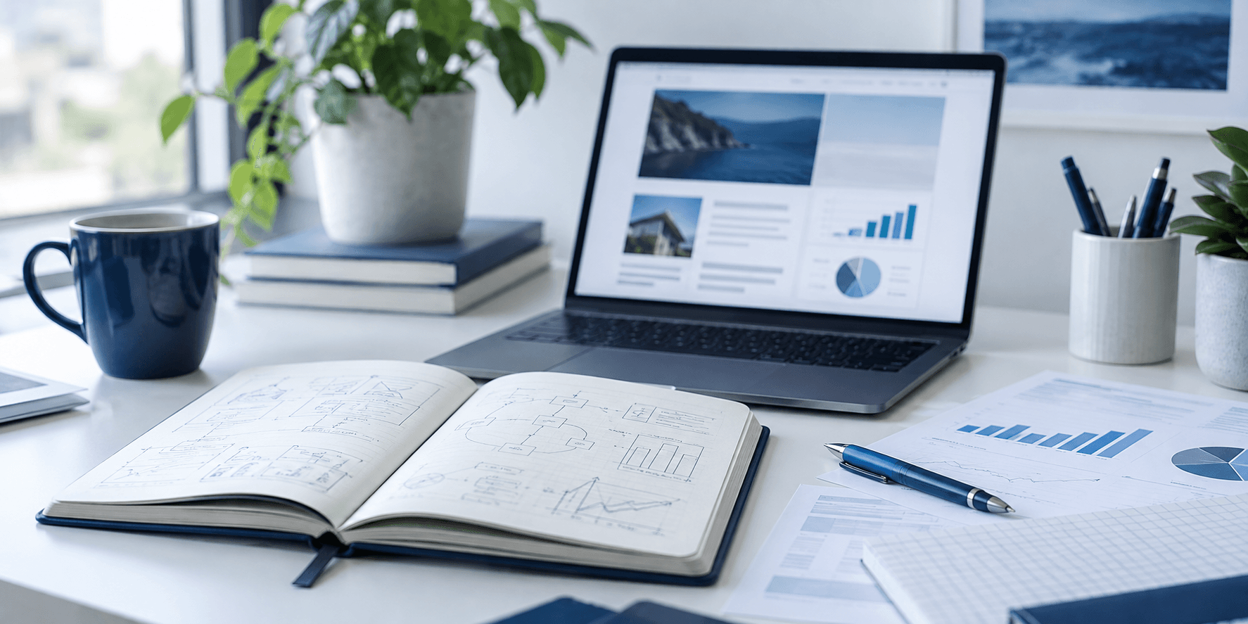 Workspace with notebook diagrams, analytics papers, and an article dashboard