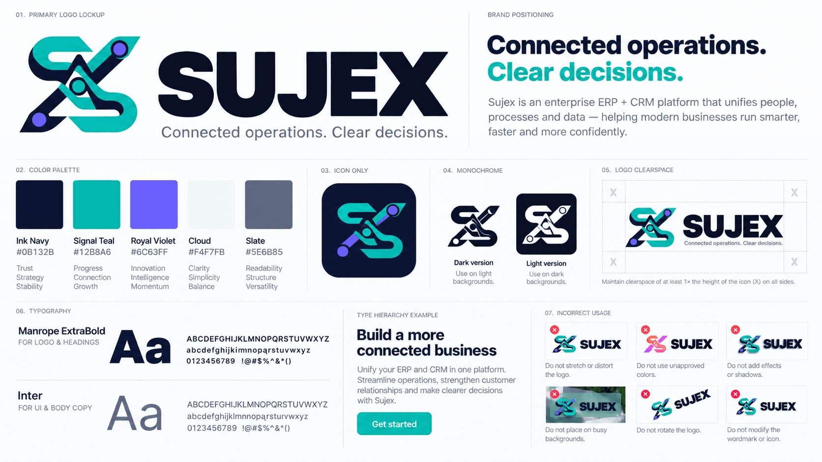 Sujex brand guidelines showing logo, colors and typography